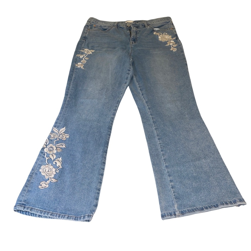 Nicole Miller Jeans Y2K 16 Blue Floral Embroidered Flare Boho Cottagecore